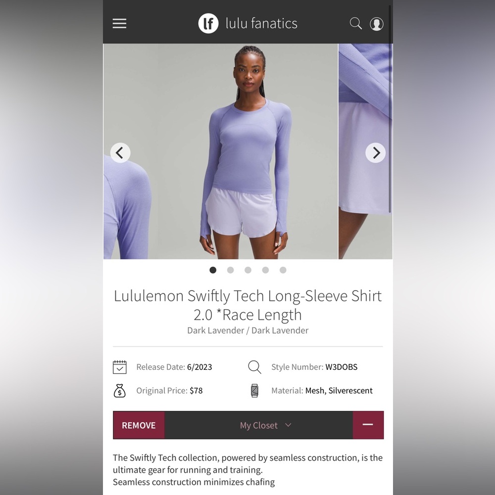RARE 58. Lululemon Swiftly Tech LS Shirt 2.0 *Race Length in Dark Lavender - Picture 7 of 7